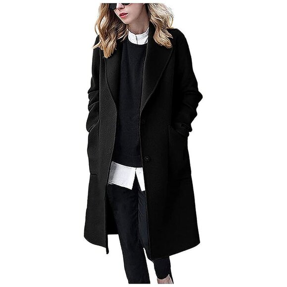Women's Winter Casual Single Breasted Long Wool Coat Black